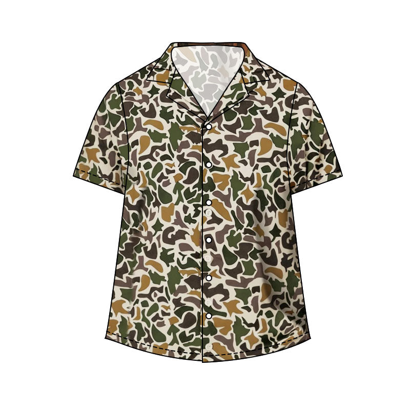 Adult man green orange camo print short sleeve button shirt top preorder
