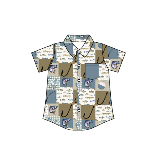 Fishing print boy short sleeve button top  preorder
