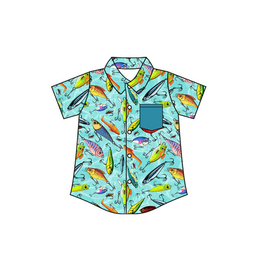 Fishing print boy short sleeve button top  preorder