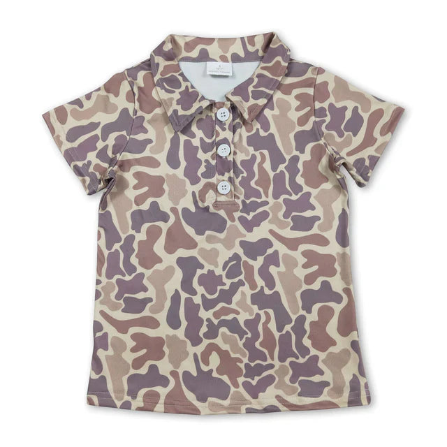 Baby boy short sleeve grey green camo button t-shirt