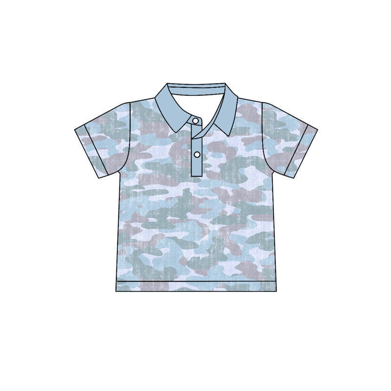Brown blue camo print boy short sleeve polo top preorder