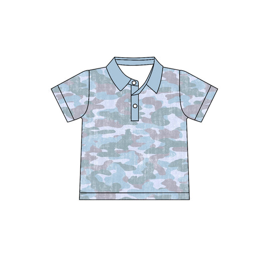 Brown blue camo print boy short sleeve polo top preorder