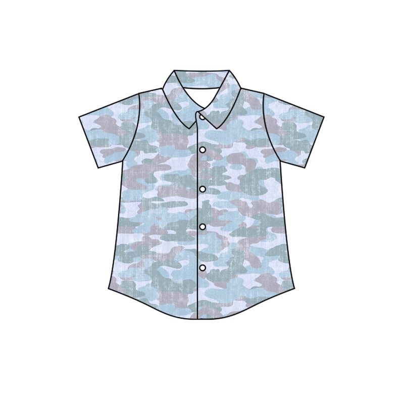Brown blue camo print boy short sleeve button down t-shirt preorder