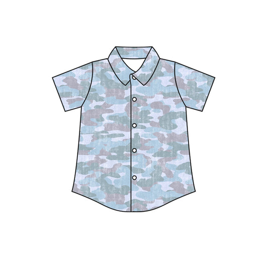 Brown blue camo print boy short sleeve button down t-shirt preorder