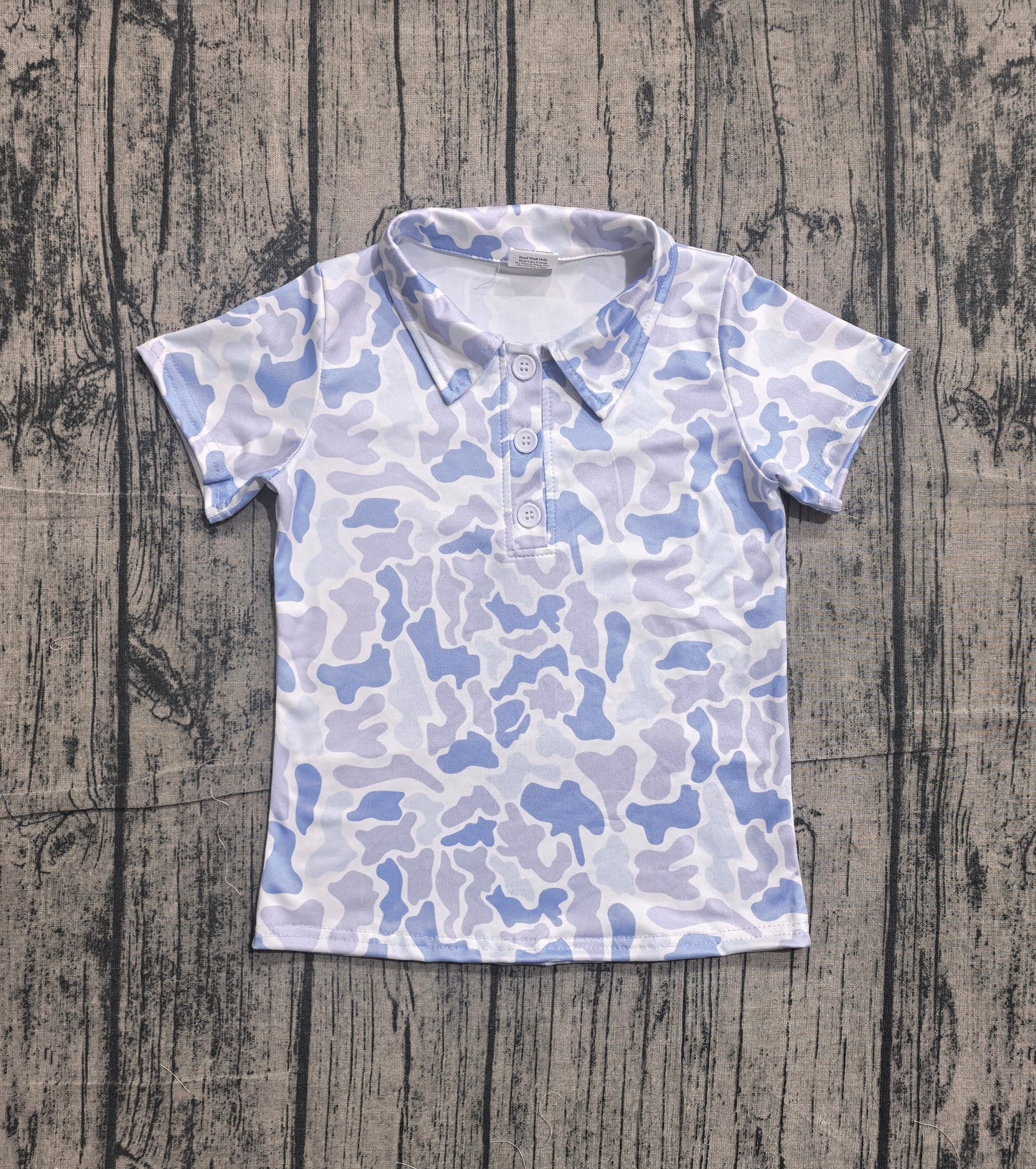 Blue camo print boy short sleeve pullover top preorder
