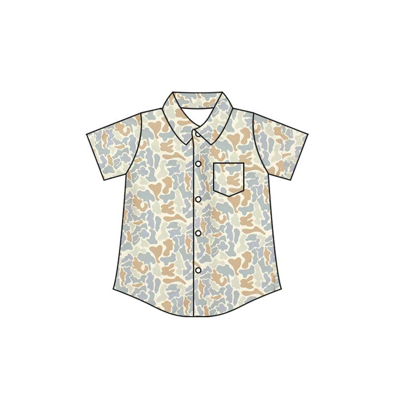 Camo print boy short sleeve button down t-shirt top preorder