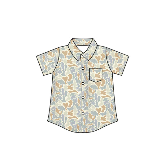 Camo print boy short sleeve button down t-shirt top preorder