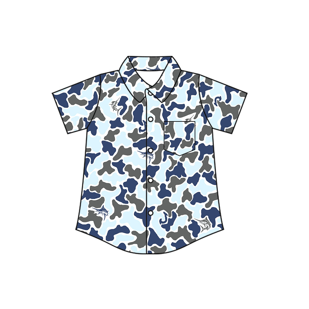 Blue grey camo boy short sleeve button down t-shirt top preorder