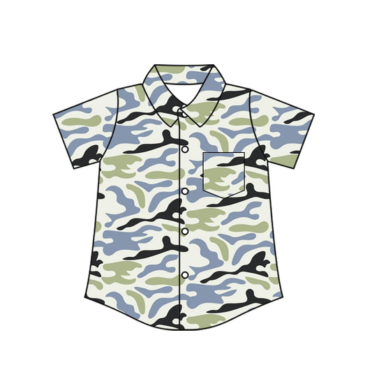 Black green camo short sleeve button down t-shirt top preorder