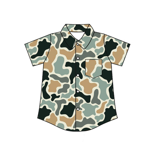 Black blue camo short sleeve button down t-shirt top preorder