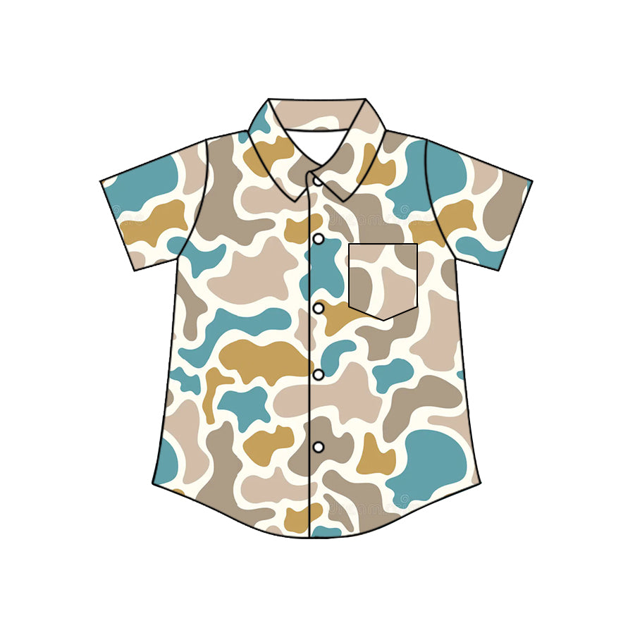 Khaki blue camo short sleeve button down t-shirt top preorder
