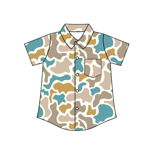 Khaki blue camo short sleeve button down t-shirt top preorder