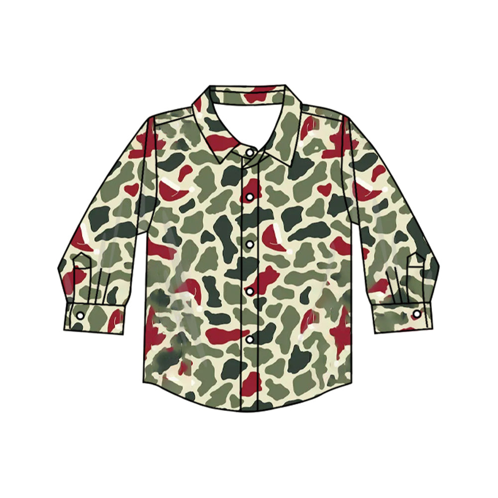 Christmas green red camo print kids boy long sleeve button down t-shirt top preorder