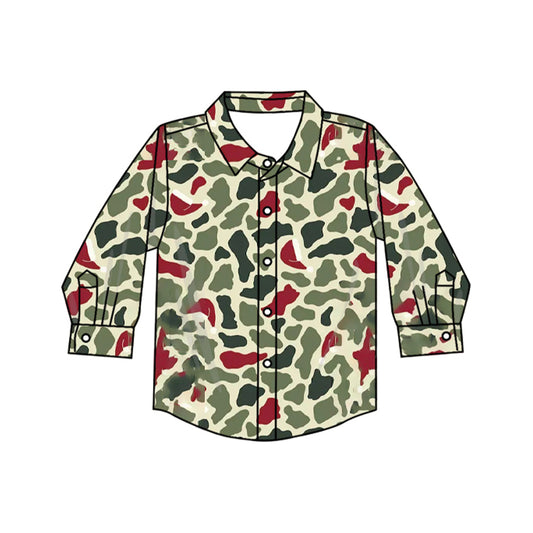 Christmas green red camo print kids boy long sleeve button down t-shirt top preorder