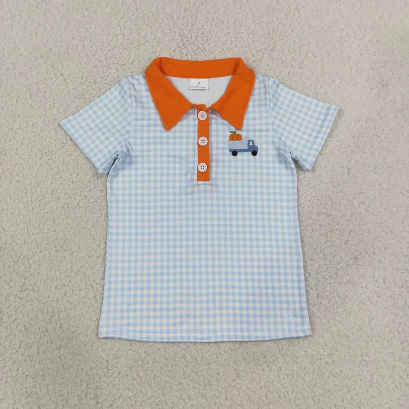 Embroidery Pumpkin truck print boys short sleeve pullover shirt