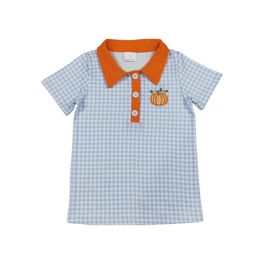 Fall embroidery Pumpkin print boys short sleeve pullover shirt