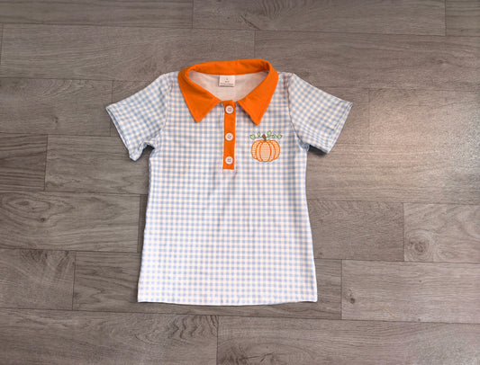 Fall embroidery Pumpkin print boys short sleeve pullover shirt preorder