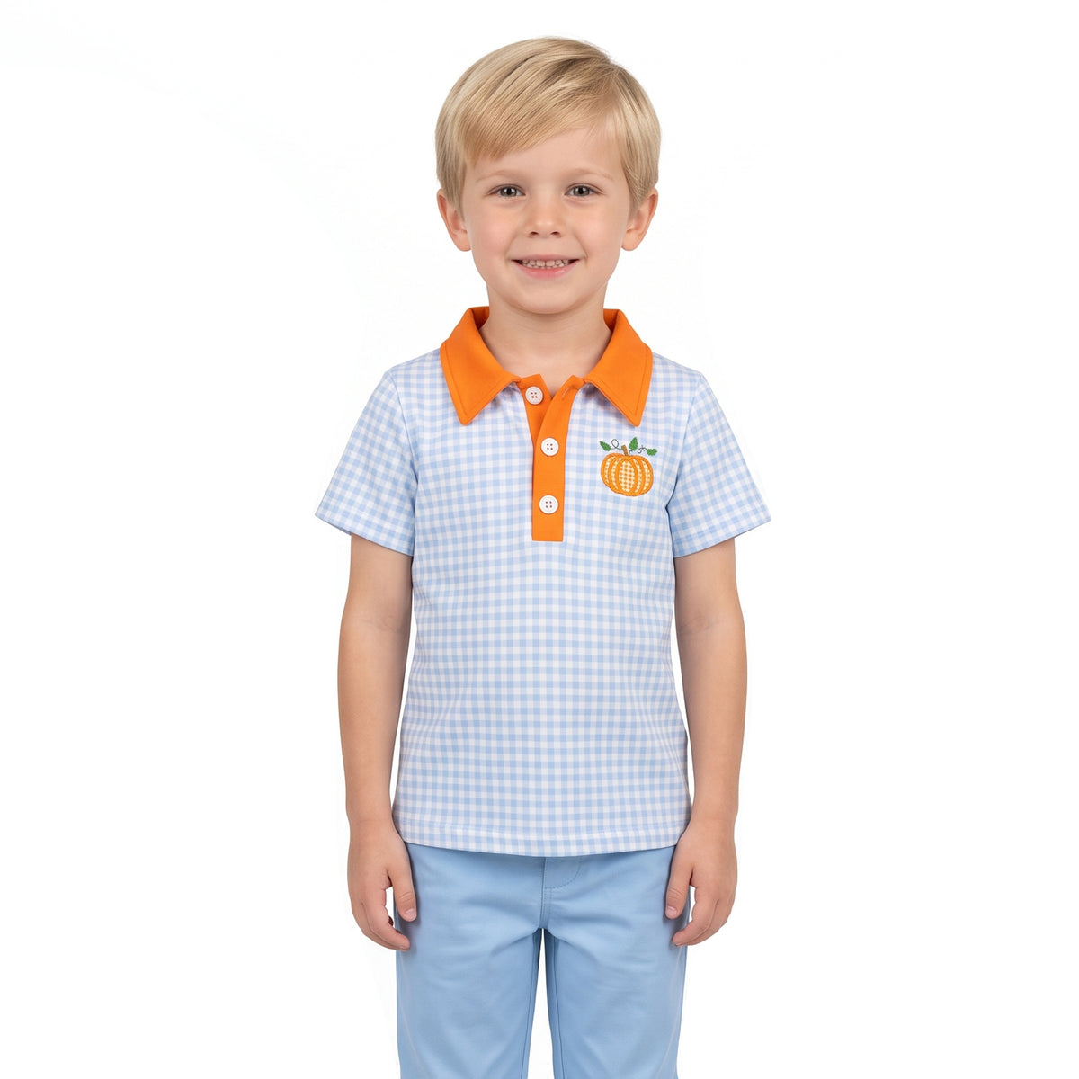 Fall embroidery Pumpkin print boys short sleeve pullover shirt