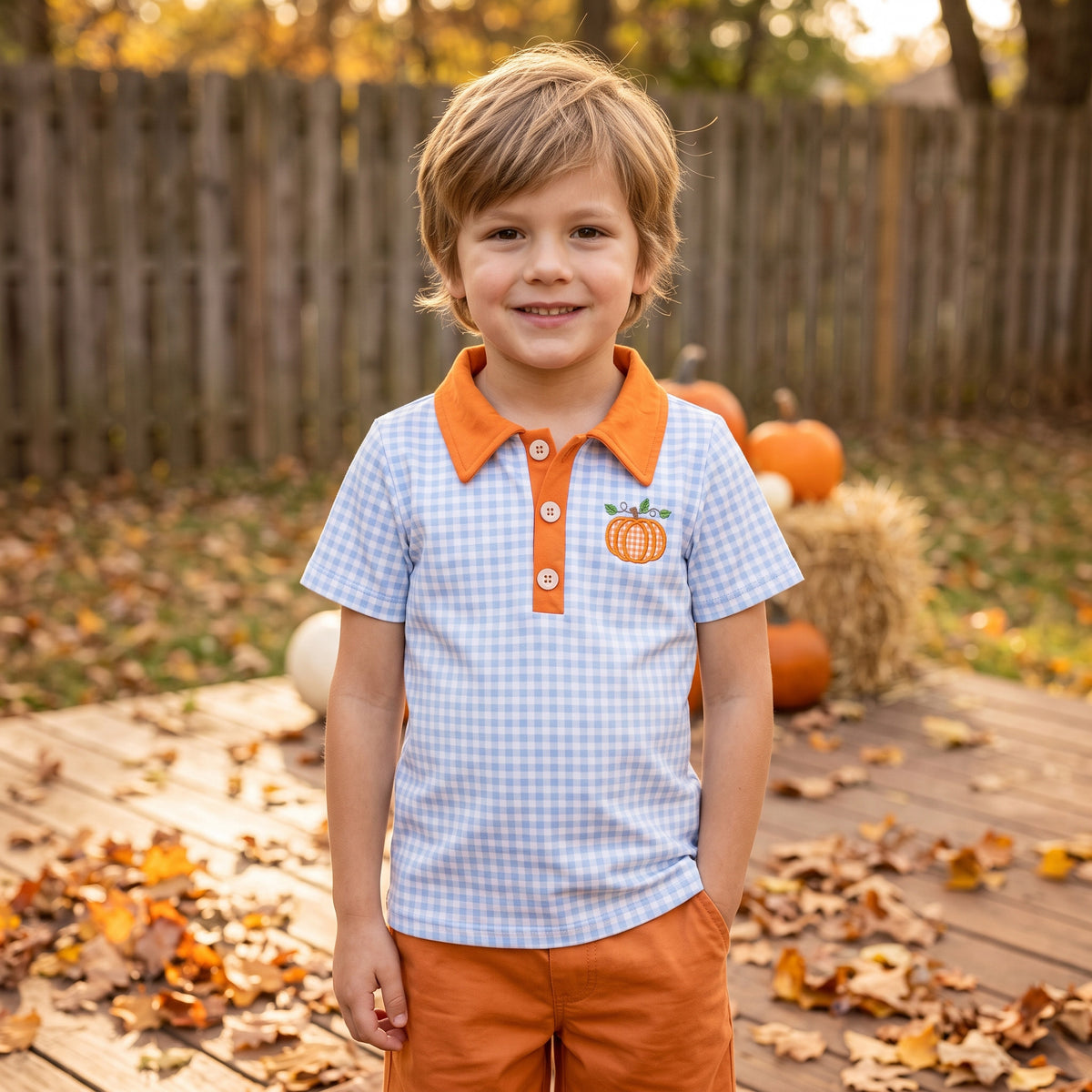 Fall embroidery Pumpkin print boys short sleeve pullover shirt
