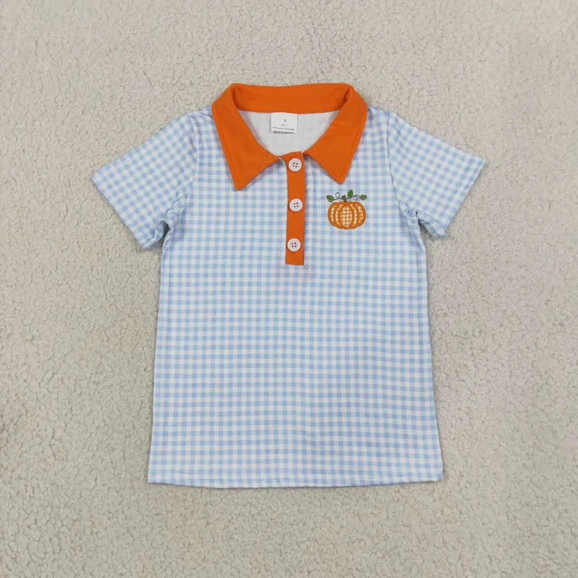 Embroidery Pumpkin truck print boys short sleeve pullover shirt