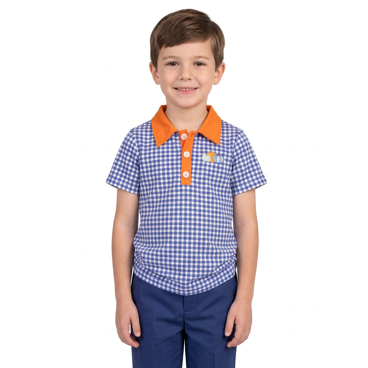 Fall Pumpkin embroidery print boys short sleeve pullover shirt