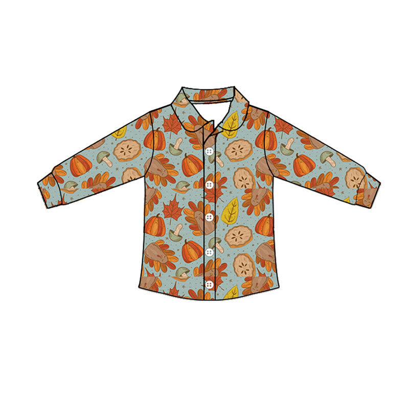 Thanksgiving turkey kids girls long sleeve button t-shirt top preorder