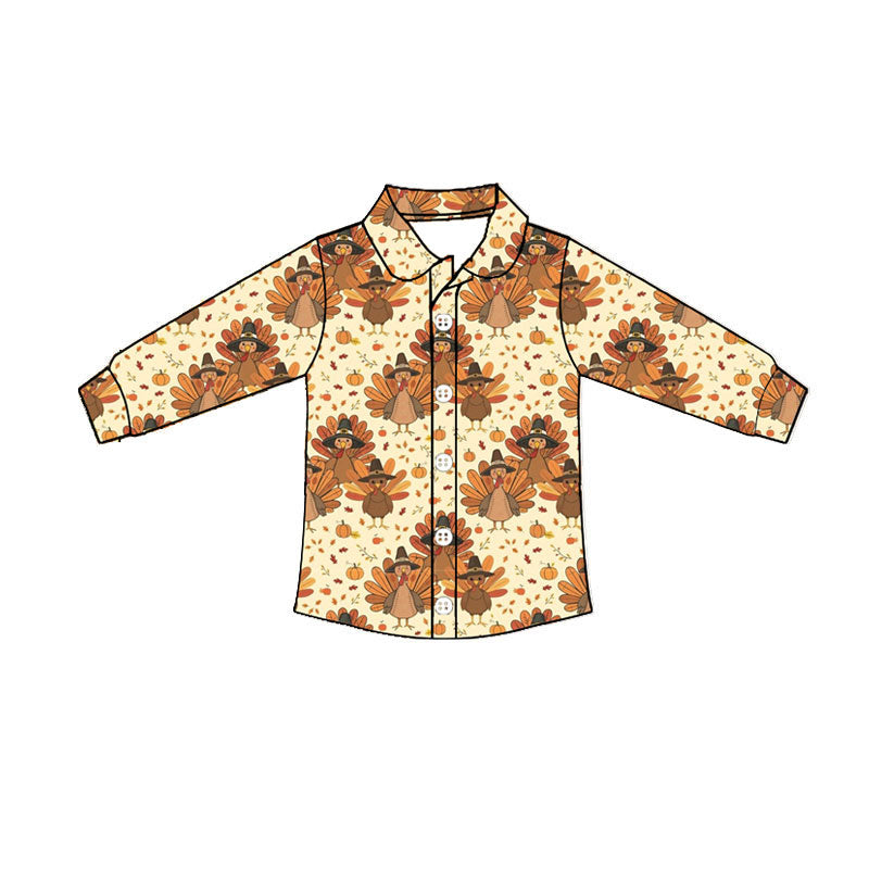 Thanksgiving turkey kids girls long sleeve button t-shirt top preorder