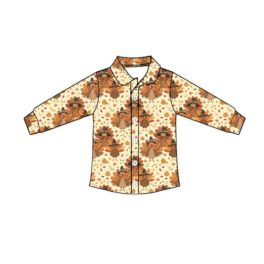 Thanksgiving turkey kids girls long sleeve button t-shirt top preorder