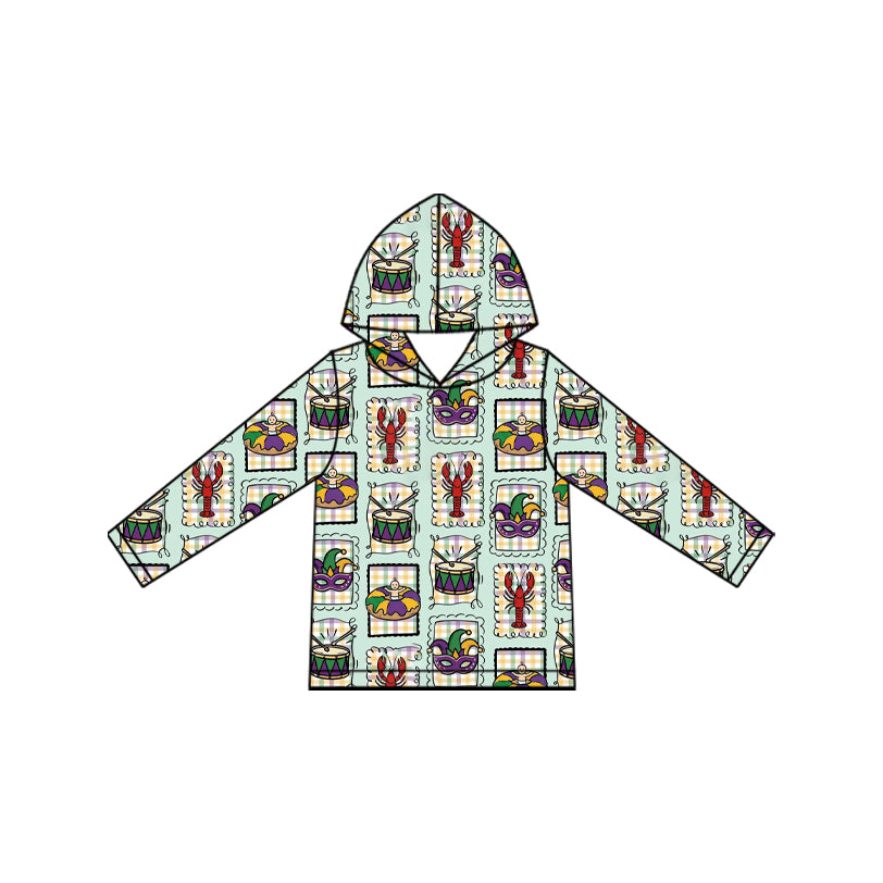 Mardi gras crawfish print boys long sleeve hoodie top preorder