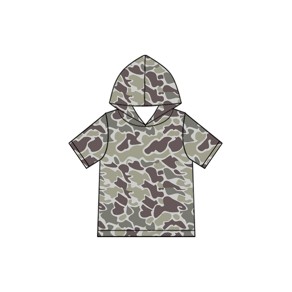 Dark grey camo print kids boy short sleeve hoodie top preorder