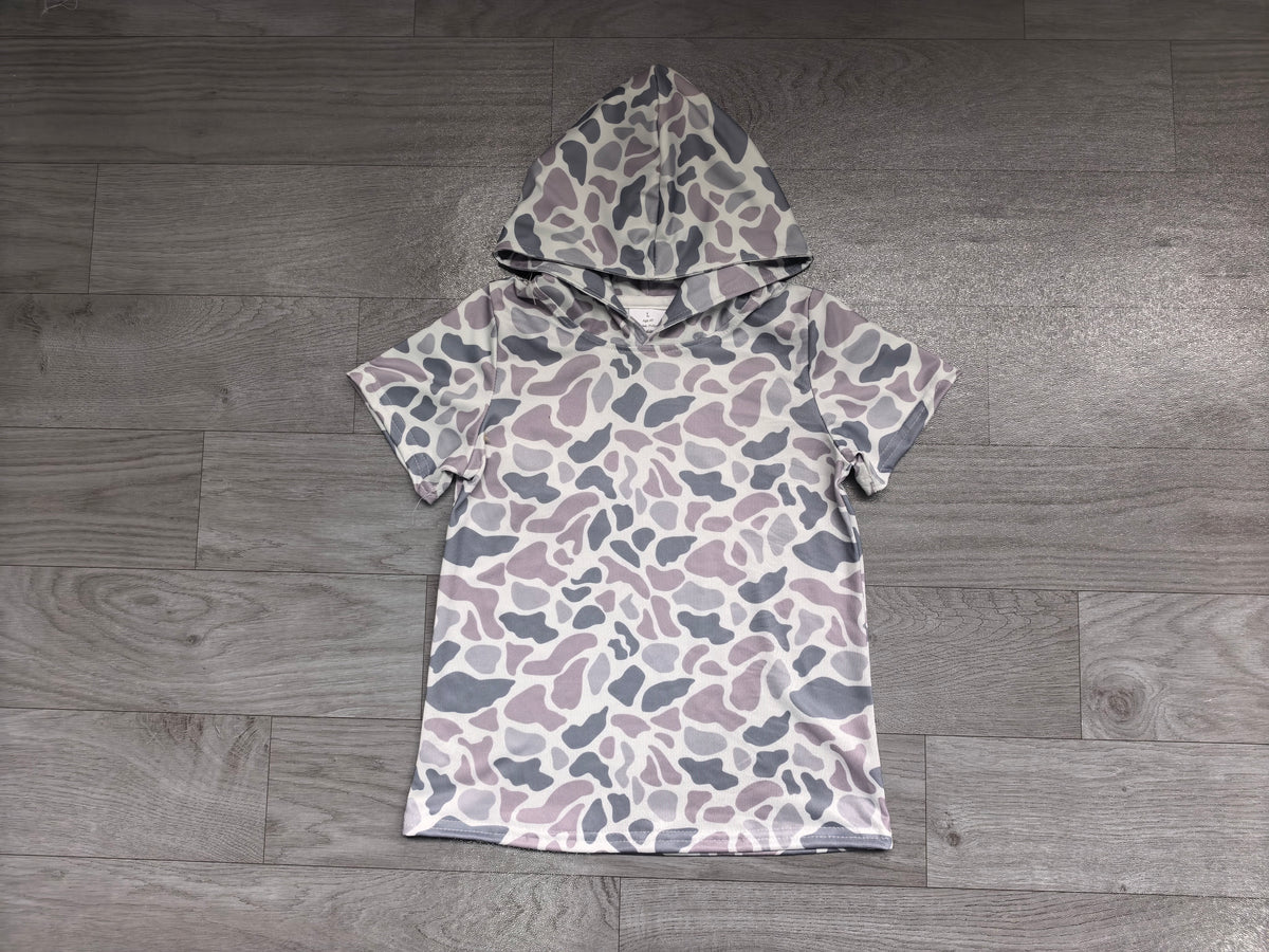 Grey camo print kids boy short sleeve hoodie top preorder