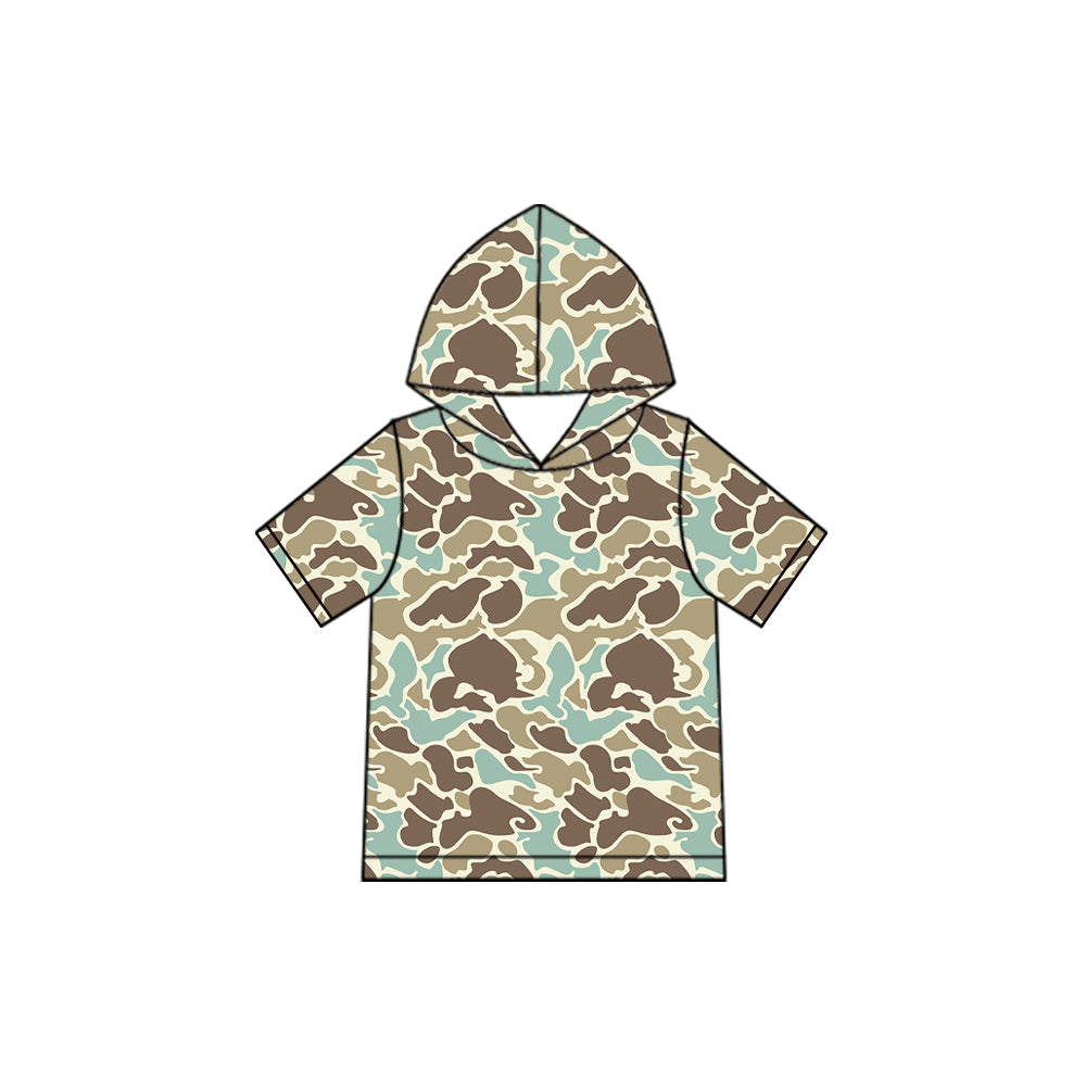 Grey blue camo print kids boy short sleeve hoodie top preorder