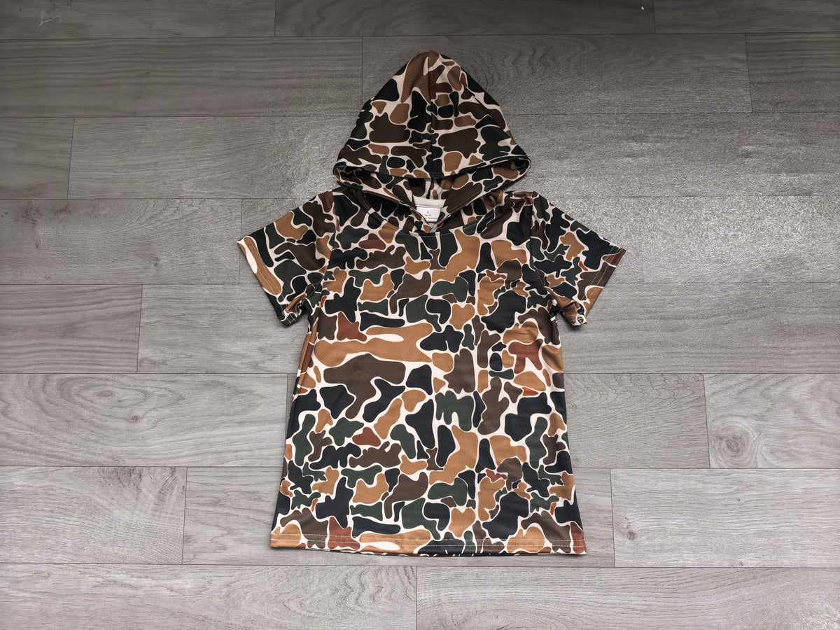 Green camo print kids boy short sleeve hoodie top preorder
