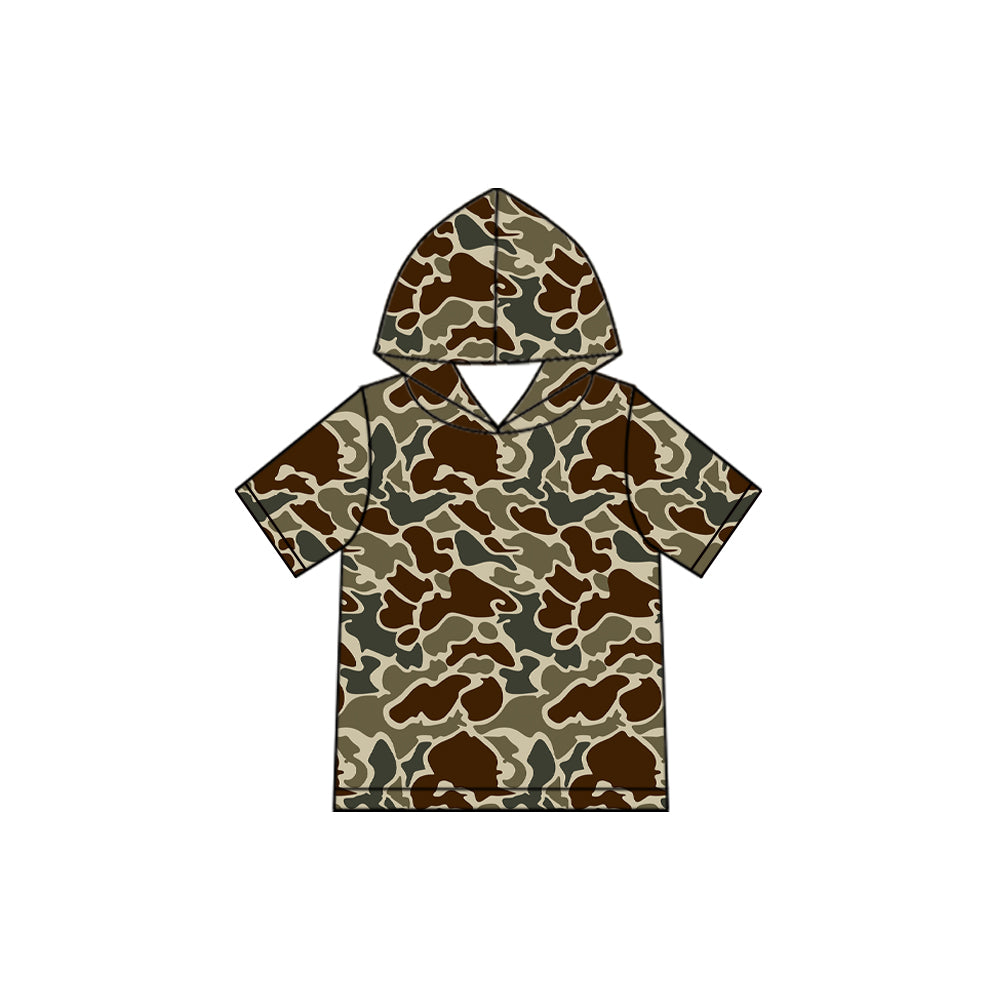 Dark brown camo print kids boy short sleeve hoodie top preorder