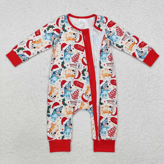 toddle baby boy Christmas tree blue cartoon dog fall winter zip romper