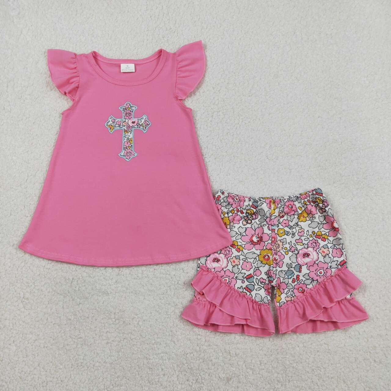 Easter floral cross embroidery top matching shorts girl summer outfit