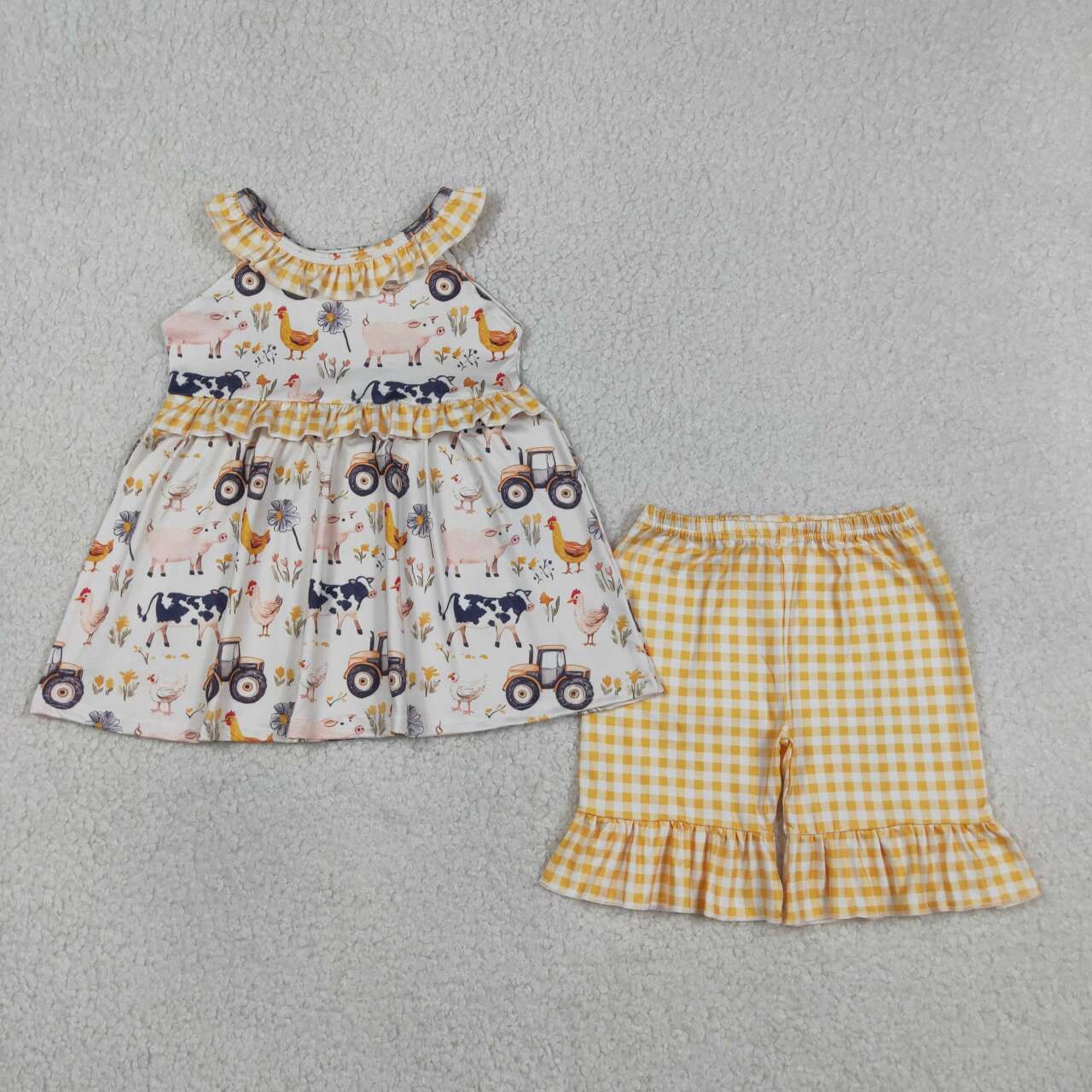 Farm animal tractor top matching shorts girls summer outfit