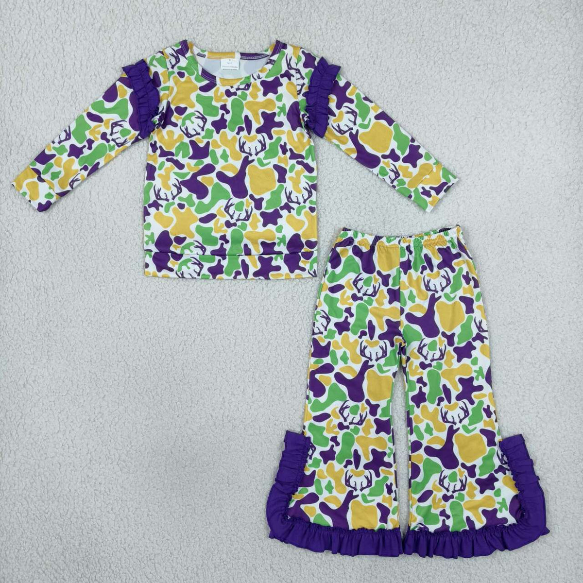 Mardi Gras camo deer print long sleeve top matching pants girls outfit