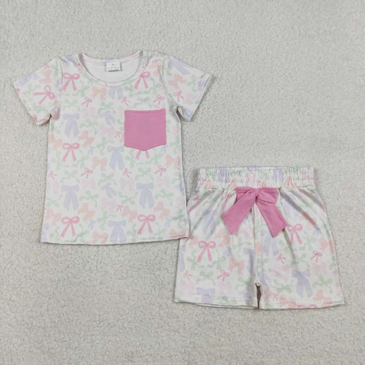 Colorful bow top matching shorts girl outfit