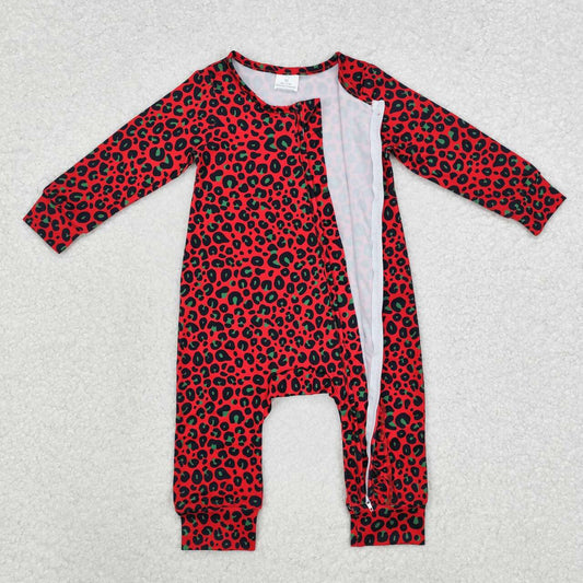 Toddle baby girls Christmas green red cheetah long sleeve zip romper