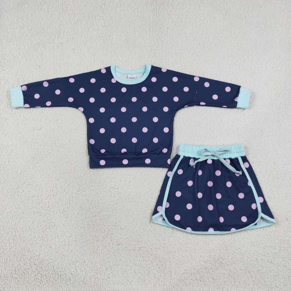 Navy color polka dots long sleeve top matching shorts girls outfit