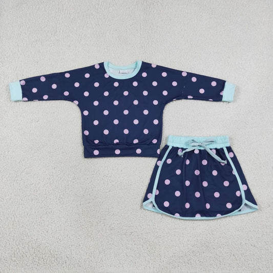 Navy color polka dots long sleeve top matching shorts girls outfit