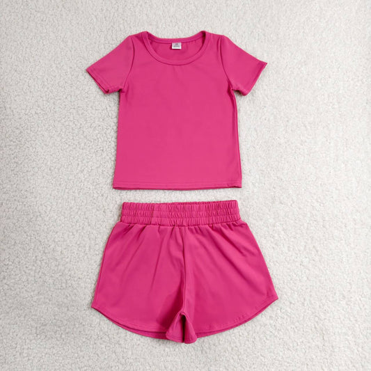Hot pink yoga top matching shorts girls summer outfit