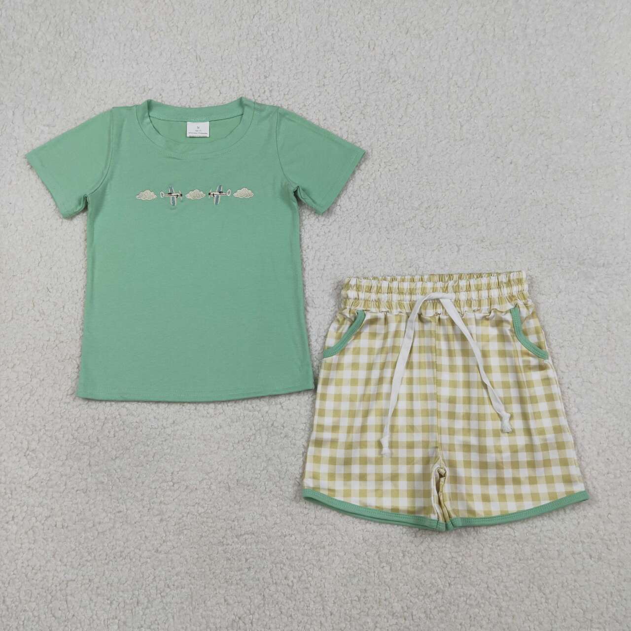 Airplane embroidery top matching shorts boy summer outfit
