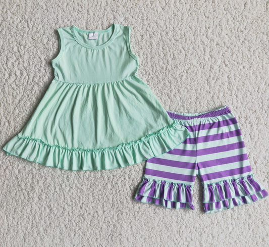 Gilrs green shirt stripes shorts summer clothing set