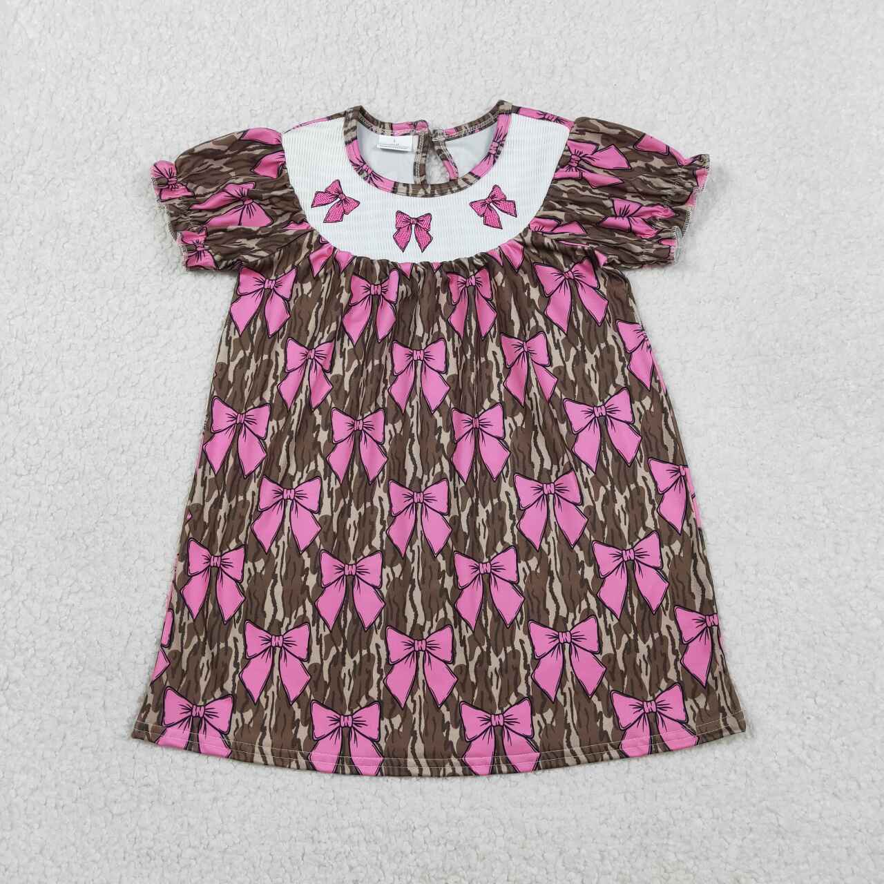 Pink bow camo design smokced dress