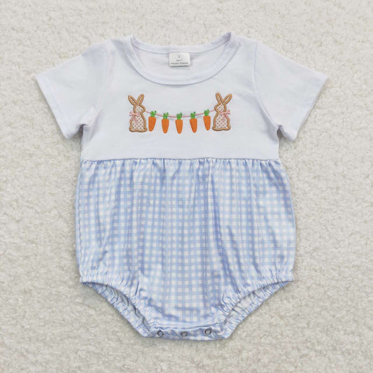 baby boy embroidery Easter bunny blue gingham romper
