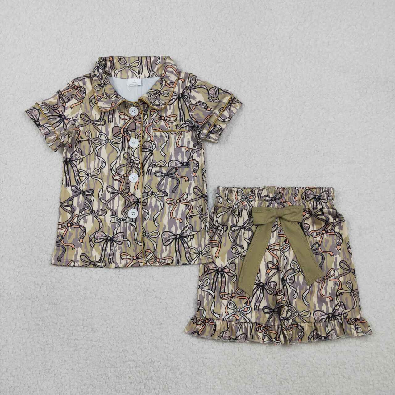 Camo bow top matching shorts girls pajama set