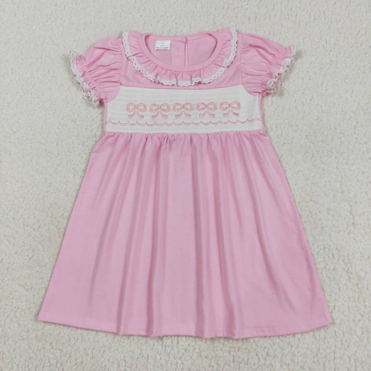 Baby girls embroidery pink bow short sleeve dress
