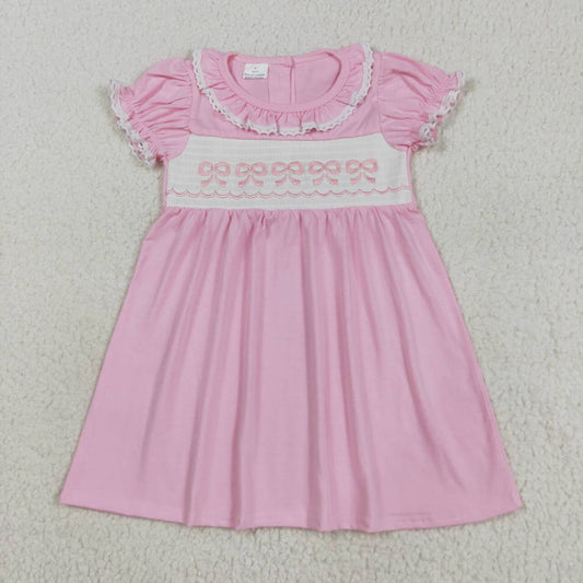 Baby girls embroidery pink bow short sleeve dress